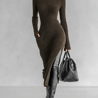 Women's Slim Fit Plush Knitted High Neck Side Slit Midi Dress MDA1401J4Y