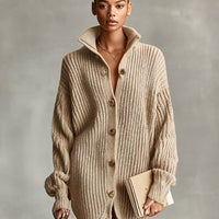 Women's Camel Elegant Button - Front Oversized Mini Cardigan Dress MDA1086J2I