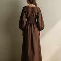 Women's Casual Brown Cotton And Linen V-neck Long-sleeved Maxi Dress With Elastic Waist MDZ1295A0AN