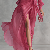Women's Elegant Rose Pink Pearl Chiffon V-neck Tie-waist Long Dress MDZ1925A7BA
