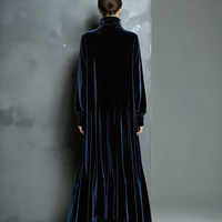 Women's Elegant Navy Blue Velvet High-neck Long-sleeved Loose-fitting Maxi Dress MDZ1680A8AN
