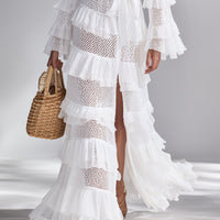 Women's Crisp White Crochet Knit Cardigan With Deep V-Neck & Layered Ruffles, Timeless Bohemian-Glam Style Cardigan MDA2372L3I