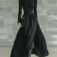 Women's Black High-Neck High-Stretch Knitted And Satin Flared Maxi Dress MDA2851J4T