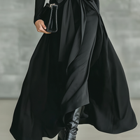Women's Black High-Neck High-Stretch Knitted And Satin Flared Maxi Dress MDA2851J4T