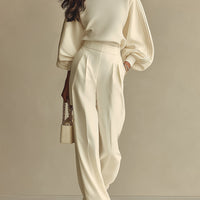 Women's Off-white Lightweight Woven Wide Leg Pants with High Waist & Loose Fit, Sophisticated Office Chic Trousers MDZ0856A8I