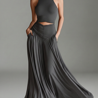 Women's Charcoal Gray Stretch Knit Dress With Turtleneck Halter & Cutout Waist, Timeless Minimalist Elegant Style Dress MDZ0960B2I
