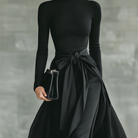Women's Black High-Neck High-Stretch Knitted And Satin Flared Maxi Dress MDA2851J4T