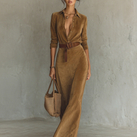 Women's Suede Single-breasted Lapel Belt Maxi Dress MDA1205H8Y