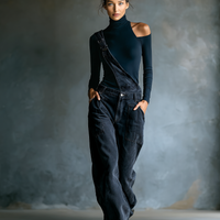 Women's Black Cotton One-shoulder Turtleneck Top And Blue-grey Denim Loose-fitting Overalls Set MDA2045K8T