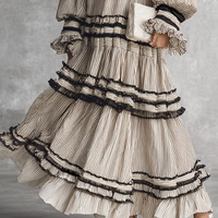 Women's Boho Striped Ruffle Tiered Cotton Blend Long Sleeve Maxi Dress MDZ1426B2BA