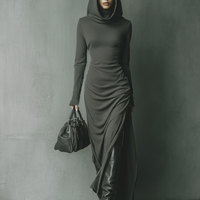 Women's Dark Grey High Elastic Knitted Hooded Maxi Dress MDA1303J1T