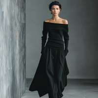 Women's Black Knit Off-Shoulder Fitted Top And Woven Fabric Skirt Set MDA1430K2T