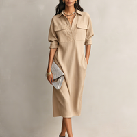 Women's Elegant Black Cotton-linen Blend Shirt Collar Short-sleeved Midi Dress MDZ0455C2AN