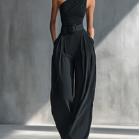Women's Black High-elastic Knit Top And Acetate Wide-leg Pants MDZ1068B3T