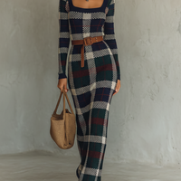 Women's Minimalist Check Knit Belted Square Neck Maxi Dress MDA2984J0Y