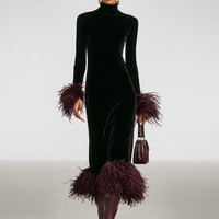 Women's Minimalist Velvet Patchwork Faux Ostrich Feather Cuffs And Hem Maxi Dress MDA1174J9Y