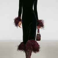 Women's Minimalist Velvet Patchwork Faux Ostrich Feather Cuffs And Hem Maxi Dress MDA1174J9Y