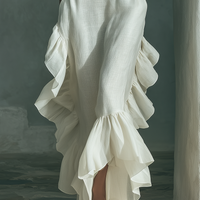 Women's Ivory Linen Fabric Sleeveless Maxi Dress With Round Neck & Ruffle Hem MDZ0973B9T