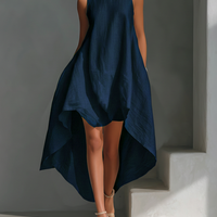 Women's White Linen Fabric Sleeveless Midi Dress With Round Neck & Asymmetric Hem MDZ0987B9T