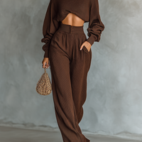 Women's Coffee-colored Short Top And Wide-leg Pants Knitted Set MDA3000G6T