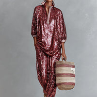 Women's Burgundy Glamorous Sequin Striped - Trimmed Oversized Loungewear Set MDA3059I3I