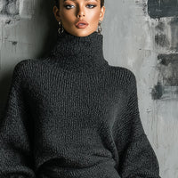 Women's Charcoal Chic Knit Turtleneck Oversized Knit Midi Dress MDA1624J6I