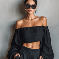 Women's Minimalist Linen Blend Strapless Long-sleeved Blouse And Wide-leg Pants Set MDA1900L7Y
