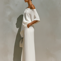 Women's White Linen Set With One-Shoulder Knot Detail & Front Slit, Timeless Minimalist-Resort Style Set MDZ2796C6I