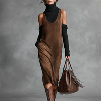 Women's Retro Simple Suede U-Neck Sleeveless Tank Midi Dress MDA0259I1Y