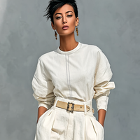 Women's Fashion Cotton And Linen Blend Crew Neck Long Sleeve Shirt Loose Trousers Set (belt Not Included)MDA2555G6Y