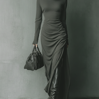 Women's Dark Grey High Elastic Knitted Hooded Maxi Dress MDA1303J1T