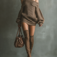 Women's Brown Off-shoulder Knit Mini Dress MDA1376K0T