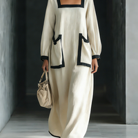 Women's Beige Cotton And Linen Blend Square-Neck Maxi Dress With Black Trim & Oversized Pockets MDZ1507A0T
