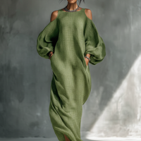 Women's Light Green Cold-Shoulder Maxi Dress With Oversized Puff Sleeves & Side Pockets MDZ1004B7T