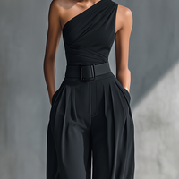 Women's Black High-elastic Knit Top And Acetate Wide-leg Pants MDZ1068B3T