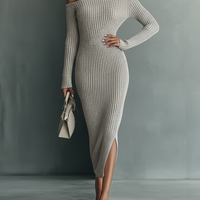 Women's Gray One-shoulder Knitted Dress MDA0233I9T
