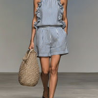 Women's Minimalist Striped Sleeveless Ruffled Blouse And Shorts Set MDZ2698B4Y