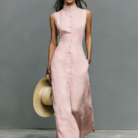Women's Minimalist Linen-Blend Stand-Collar Single-Breasted Sleeveless Maxi Dress MDZ1049C1Y