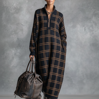 Women's Loose Plaid Zipper Neck Knitted Maxi Dress MDA1505J9Y