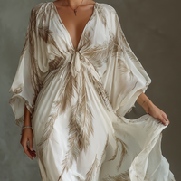 Women's Ivory And Taupe Chiffon Fabric Dolman Sleeve Maxi Dress With Twist Front & Palm Leaf Print MDZ0332B6T