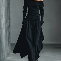 Women's Black Knit Off-Shoulder Fitted Top And Woven Fabric Skirt Set MDA1430K2T