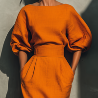 Women's Orange Mid-sleeve Top And Midi Skirt Set MDA2511G6T