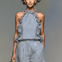 Women's Minimalist Striped Sleeveless Ruffled Blouse And Shorts Set MDZ2698B4Y
