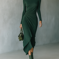 Women's Dark Green High-elastic Knitted High-neck Wrap Dress Midi Dress MDA2023J2T