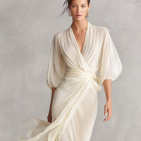 Women's Ivory Sheer Chiffon Dress With Puff Sleeves & Wrap Detail, Timeless Romantic-Luxe Style Dress MDZ0932A1I