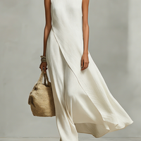 Women's Ivory Breathable Linen Dress With Sleeveless Detail & Asymmetric Hem, Contemporary Casual-Feminine Style Dress MDZ0408C2I