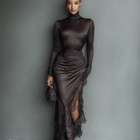 Women's Dark Brown Satin Irregular Hem Lace Slim Maxi Dress MDA0501H1T