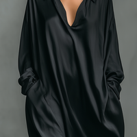 Women's Fashionable Casual Black Glossy Satin Long-sleeved Loose-fitting Maxi Dress With Pockets MDA2476K9AN