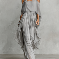 Women's Grey Breathable Chiffon Set With Cold-Shoulder Detail & Flared Silhouette, Contemporary Luxury-Feminine Style Set MDZ2651B6I