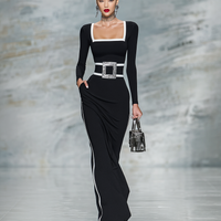 Women's Black And White Trim Square Neck Long Sleeve Tight Maxi Dress MDA1698G8Y